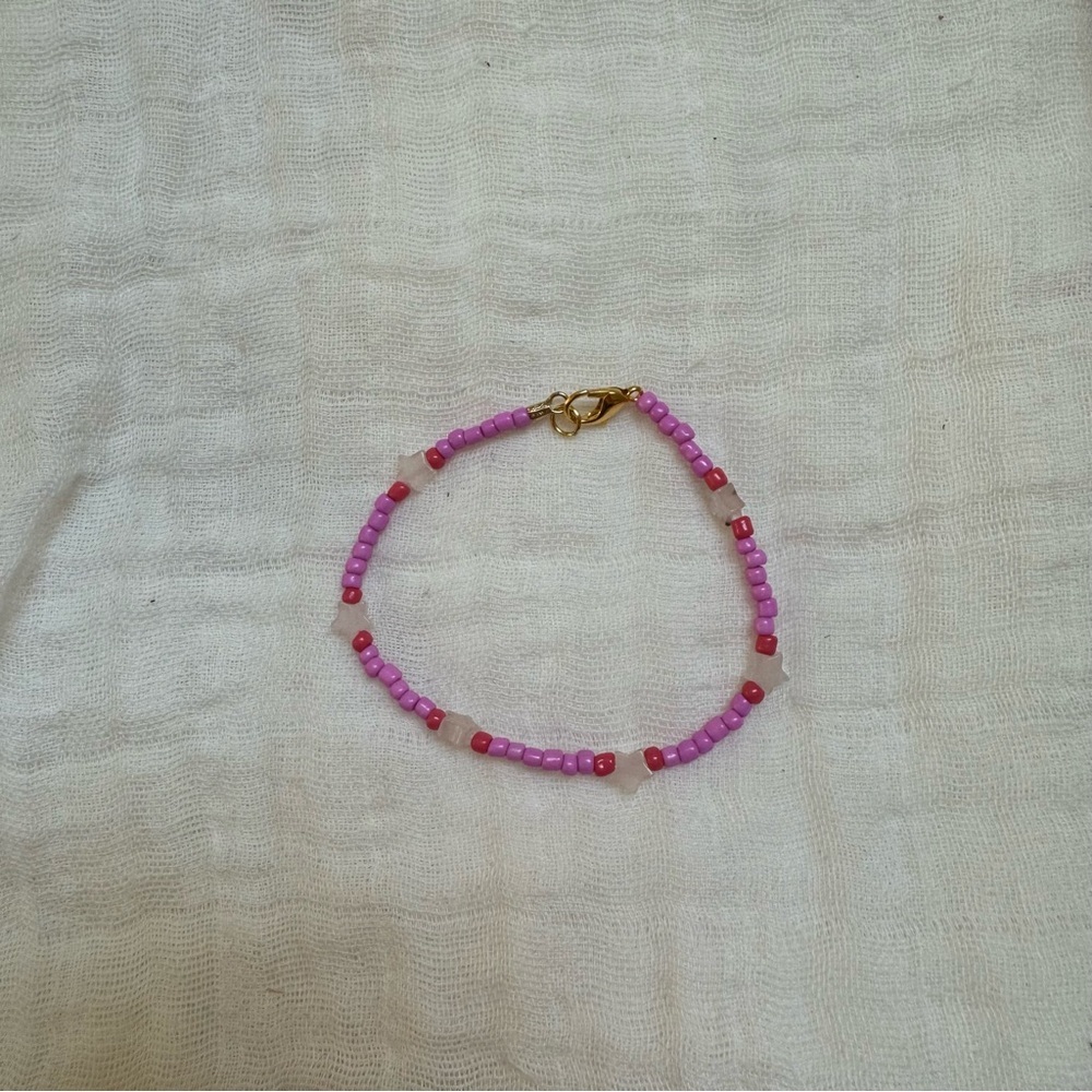 Rose Quartz Stars & Pink Seed Bead Stacking Bracelet With Gold Clasp 7 inches